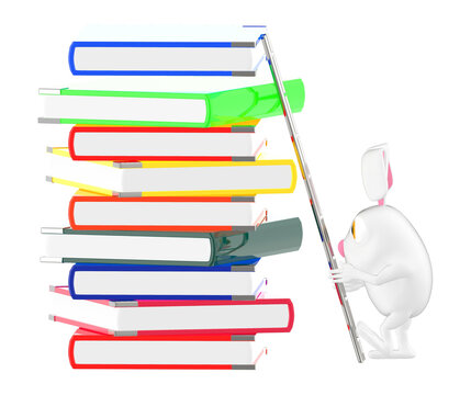 3d character , rabbit climbing up towards a pile of books with the help of a ladder