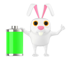 3d character , rabbit and a green battery