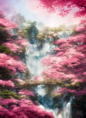 Fantasy landscape with waterfalls, forest and cherry blossoms