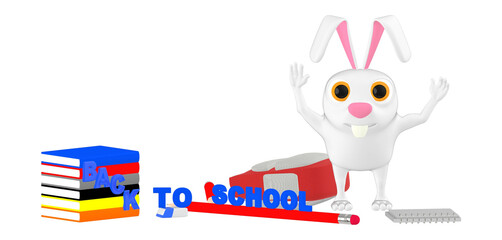 3d character , rabbit rasing hands- school bag- books -pencil -rubber -notepad on the floor , back to school concept