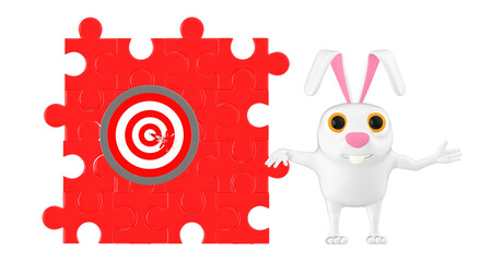 3d character , man with a dart target board and arrow in its centre