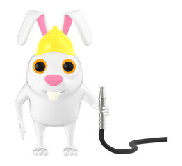 3d character , rabbit holding hose and wearing a hard helmet