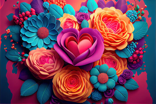 valentines day background, love heart shape make by rose, cherry blossom, daisy flowers... . Neural network generated Ai art. Digitally generated image. Not based on any actual scene or pattern.