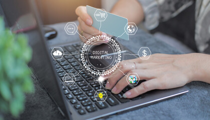 Concept digital marketing materials Advertise your website, email, social network, SEO, video, mobile app with icons and analyze ROI and strategy.