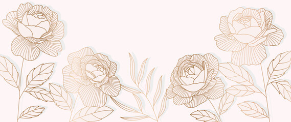 Luxury floral golden line art wallpaper. Elegant rose flower and leaf branch background. Design illustration for decorative, card, home decor, website, packaging design, print, cover, banner. 