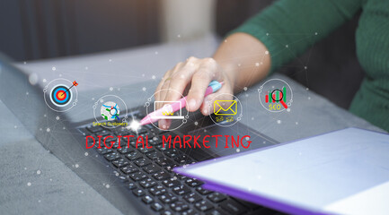 Concept digital marketing materials Advertise your website, email, social network, SEO, video, mobile app with icons and analyze ROI and strategy.