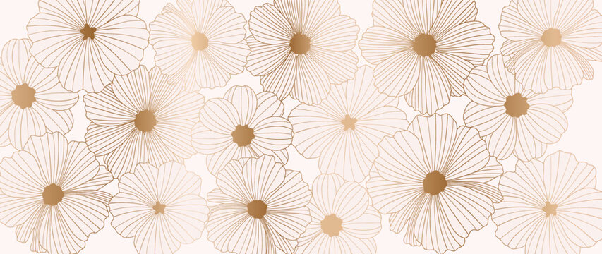 Luxury floral golden line art wallpaper. Elegant blooming beautiful flowers pattern background. Design illustration for decorative, card, home decor, website, packaging design, print, cover, banner. 