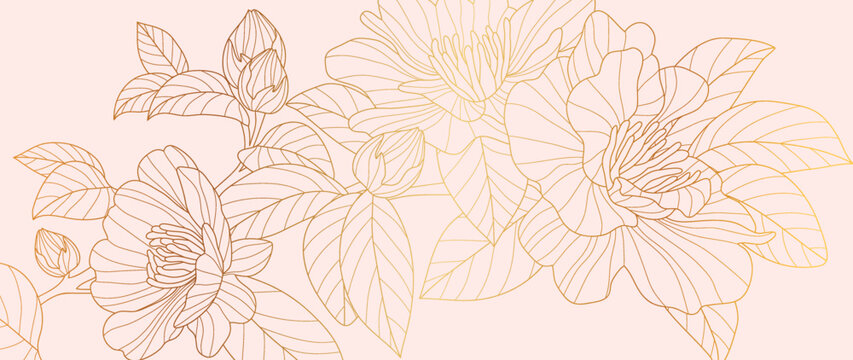Luxury floral golden line art wallpaper. Elegant gradient gold wild rose flowers pattern background. Design illustration for decorative, card, home decor, invitation, packaging, print, cover, banner.