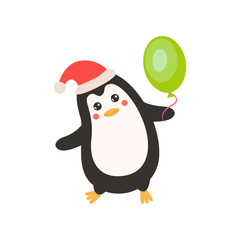 Comic penguin standing with balloon vector illustration. Cute wild bird cartoon character with balloon isolated on white background. Winter holidays, decoration concept