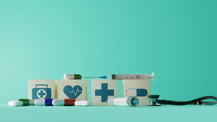 medical health care icon with medical equip and pill background, 3d rendering
