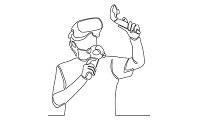 continuous line of man in glasses device virtual reality