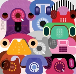 Gordijnen Ontwerp van vele veelkleurige retro vaste telefoons. Vectorillustratie van verzameling draai- en drukknoptelefoons. ©  danjazzia