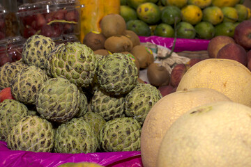 Fresh and ripe fruits at a market for sale