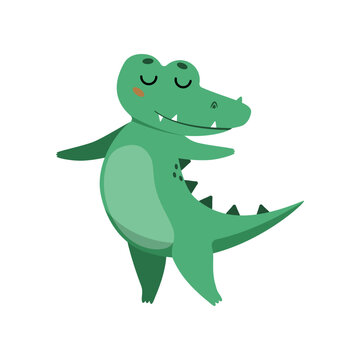Cute crocodile dancing cartoon illustration. Funny alligator dancing. Jungle, predator animal concept