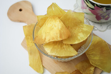 Kripik Sukun or Breadfruit Chips Served on Small Bowl in White Background