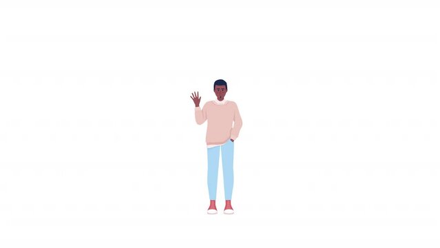 Animated male character waving hand. Young man greeting in English. Full body flat person on white background with alpha channel transparency. Colorful cartoon style HD video footage for animation