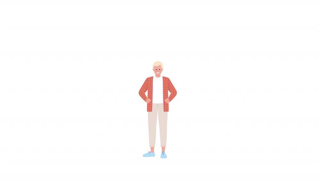 Animated greeting male character. Hello in German. Smiling young man. Full body flat person on white background with alpha channel transparency. Colorful cartoon style HD video footage for animation