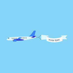 Airplane in sky with banner for text cartoon illustration. Cartoon drawing of aircraft flying with advertising ribbon on blue background. Flying advertising, aviation, transportation, flight concept