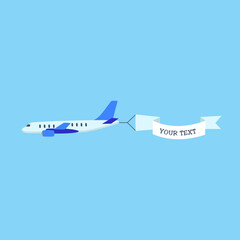 Naklejka premium Airplane in sky with banner for text cartoon illustration. Cartoon drawing of aircraft flying with advertising ribbon on blue background. Flying advertising, aviation, transportation, flight concept