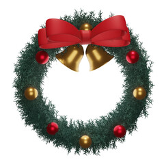 christmas wreath with ribbon and  bell 3d on transparent background