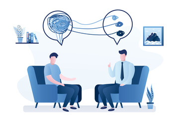 Frustrated man consulting with psychoanalyst. Psychological and medical assistance. Unhappy man consults with psychotherapist. Private conversation, discussion of mental problems.
