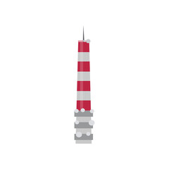 Communication tower with spire. Red and white radio tower cartoon illustration. Telecommunication concept