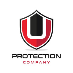 U Letter shield vector logo template. Black and red color. This alphabet or font symbol suitable for protection business.