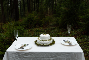 Duplex wedding cake decorated with white flowers and herbs, standing on a wooden table in the green...