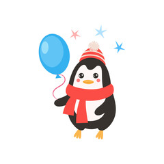 Comic penguin standing with blue balloon vector illustration. Cute wild bird cartoon character with balloon isolated on white background. Winter holidays, decoration concept