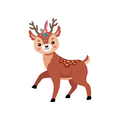 Fototapeta premium Comic deer walking vector illustration. Reindeer or fawn cartoon character, wild animal with antlers and little tail isolated on white background. Wildlife, Christmas concept