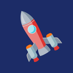 Red rocket in space cartoon illustration. Cartoon drawing of spaceship on blue background. Science, universe, technology, transportation, astronomy, outer space concept