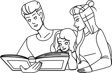 family reading line pencil drawing vector. mother daughter, girl book, child home, together parent, father people, reading indoors, young smiling, kid family reading character. people Illustration