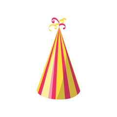Celebration or party pink and yellow hat or cap vector illustration. Cartoon drawing of triangle hat on white background. Birthday, holiday, decoration concept