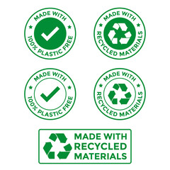 Made with plastic-free and recycled materials icons, symbols, and stickers isolated. Packet sticker plastic free recycled stamp.