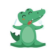 Cute crocodile sitting and eating cartoon illustration. Funny alligator sitting. Jungle, predator animal concept