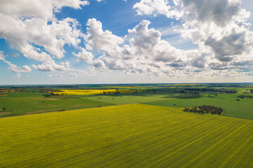aerial shot of a big open field under cloudy blue skies