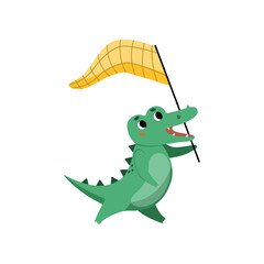 Cute crocodile running with flag cartoon illustration. Funny alligator holding flag. Jungle, predator animal concept