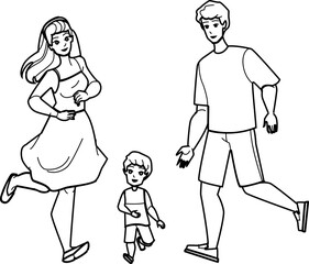 family running line pencil drawing vector. happy together, run fun, summer mother, woman child, young joy, family ma, son family running character. people Illustration