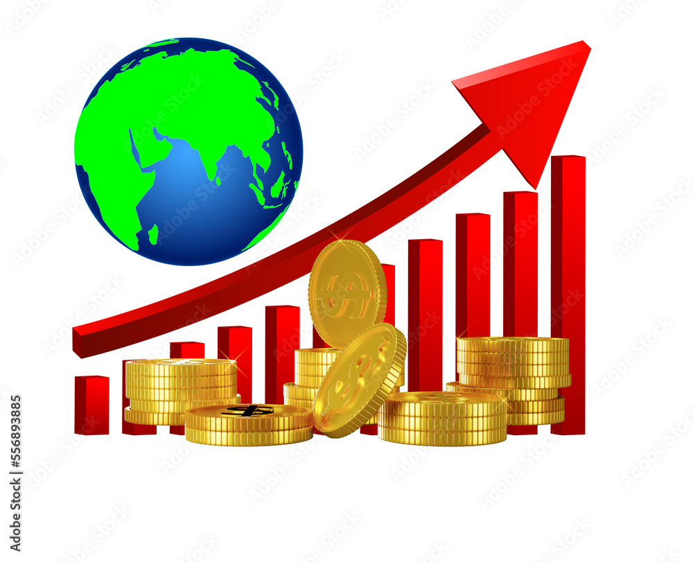Poster 3d rendering red graph arrow up and stack gold coins with world isolated white background illustrati