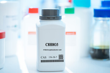 C8H8O3 4-hydroxyphenylacetic acid CAS 156-38-7 chemical substance in white plastic laboratory packaging