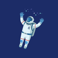Astronaut character floating in space cartoon illustration. Cartoon drawing of person in spacesuit on blue background. Science, universe, astronomy, outer space concept