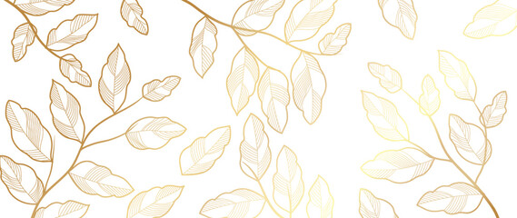 Luxury floral golden line art wallpaper. Elegant botanical golden leaf branch vine pattern background. Design illustration for decorative, card, home decor, website, packaging, print, cover, banner.