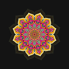 Colorful and floral pattern vector mandala design on black background.