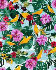 Birds, jungle and floral illustration with outlines. Pattern for wallpapers, fabrics, wrappers, postcards, greeting cards, wedding invitations, banners.