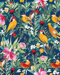 Birds, jungle and floral illustration with outlines. Pattern for wallpapers, fabrics, wrappers, postcards, greeting cards, wedding invitations, banners.