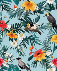 Fototapeta na wymiar Birds, jungle and floral illustration with outlines. Pattern for wallpapers, fabrics, wrappers, postcards, greeting cards, wedding invitations, banners.
