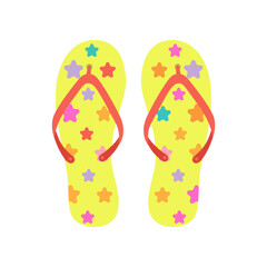 Yellow flip flops flat vector illustration. Rubber slippers with graphic pattern of stars for walking in street or on beach on white background. Footwear, shoes, summer concept