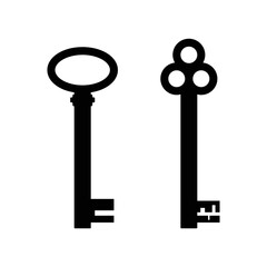 Set of old vintage keys. Silhouettes of medieval keys. Symbol of security and privacy. Design element to signify entering a password into the system. Protection of private property.