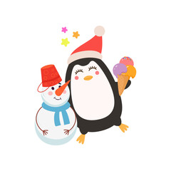 Comic penguin standing with snowman vector illustration. Cute wild bird cartoon character in hat and with ice cream isolated on white background. Winter holidays, decoration concept