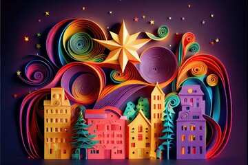 Obraz premium Photo paper cut quilling multidimensional paper cut, craft paper illustration, fireworks and beautiful city in new year eve, national day with colored lights, pop color. Neural network generated art.